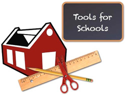 Tool box with a ruler, scissors, pencil and a chalk board 